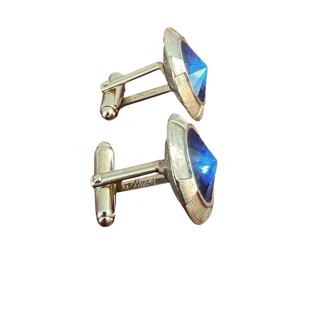 Anson Signed Blue Rivoli Crystal Gold Tone Cufflinks Vintage - Picture 4 of 11